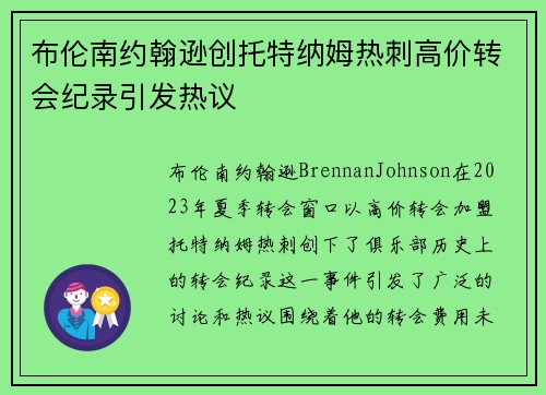 布伦南约翰逊创托特纳姆热刺高价转会纪录引发热议