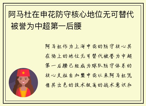 阿马杜在申花防守核心地位无可替代 被誉为中超第一后腰